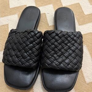 Vince Black Leather Woven Slide Sandals